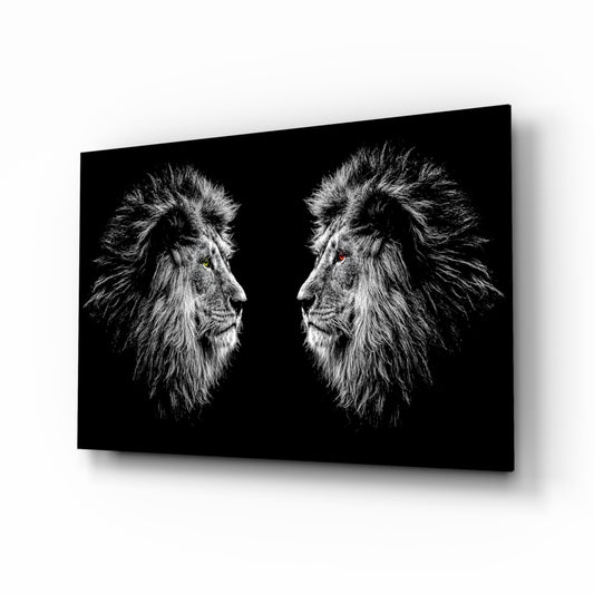 Lion glass wall art displayed above a console in a designer interior