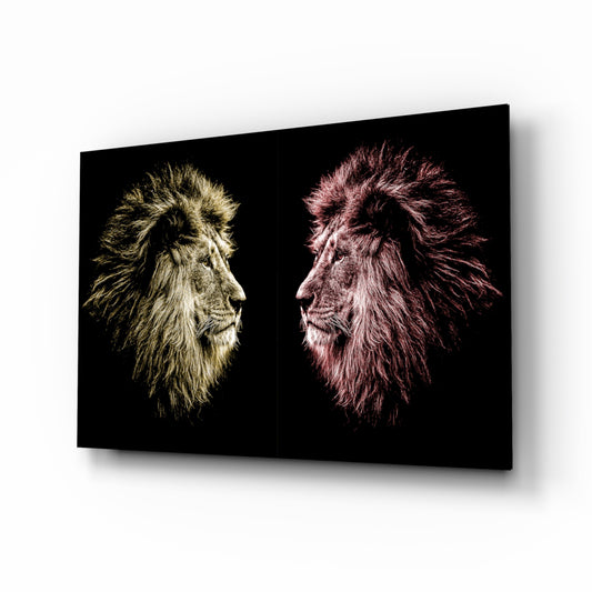 Lion glass wall art displayed above a console in a designer interior