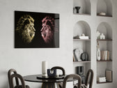 Lion panel adding mythic mood to a wine cellar