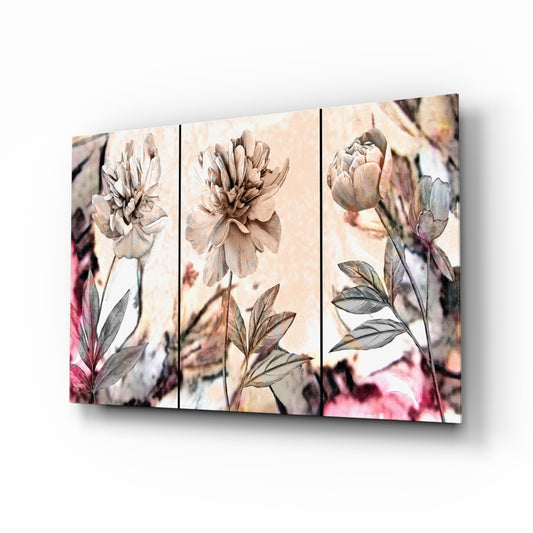 Flowers glass wall art displayed above a console in a designer interior