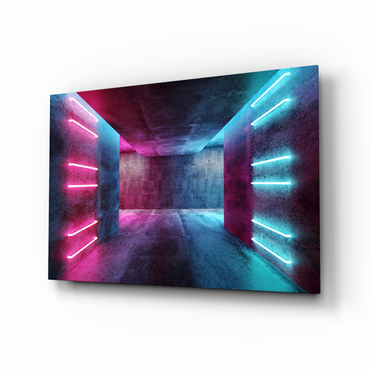 Neon Lights glass wall art displayed above a console in a designer interior