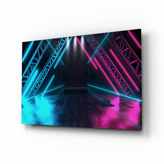 Neon Lights glass wall art displayed above a console in a designer interior