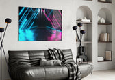Neon Lights glass wall art styled above a console in a music room