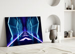 Close-up detail of white neon strips and chevron arrows on deep blue corridor