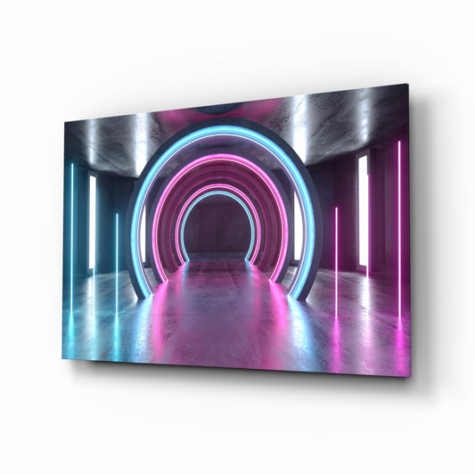 Neon Lights glass wall art displayed above a console in a designer interior