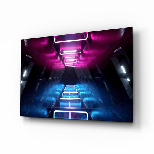 Neon Lights glass wall art displayed above a console in a designer interior