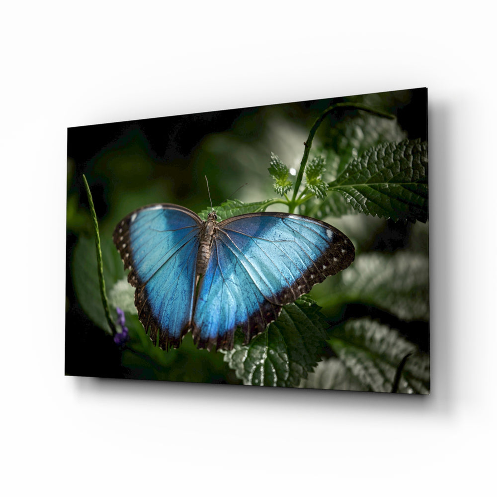 Butterfly glass wall art displayed above a console in a designer interior