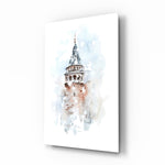Galata Tower glass wall art displayed above a console in a designer interior