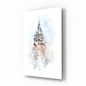 Galata Tower glass wall art displayed above a console in a designer interior