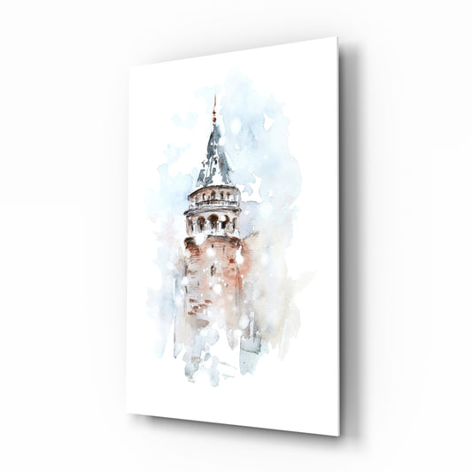 Galata Tower glass wall art displayed above a console in a designer interior