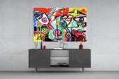 Bird, Violin and Man panel catching gallery light to reveal its gestural energy