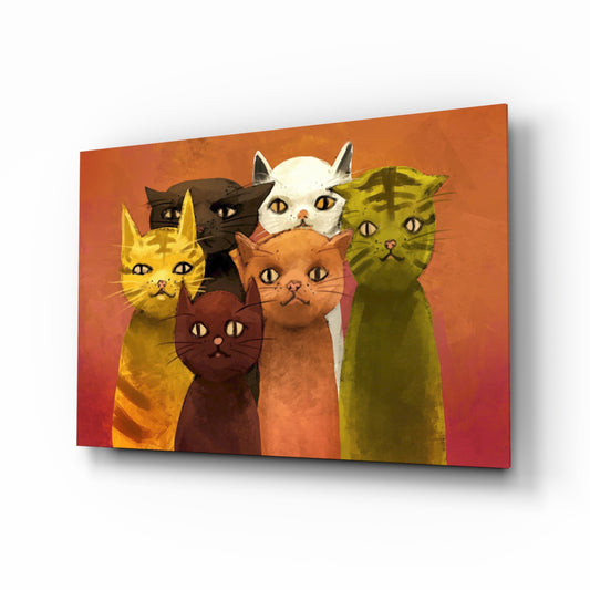 Cats glass wall art displayed above a console in a designer interior