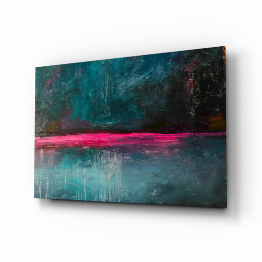 Colors glass wall art displayed above a console in a designer interior
