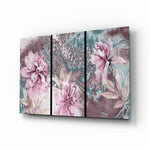 Flowers glass wall art displayed above a console in a designer interior