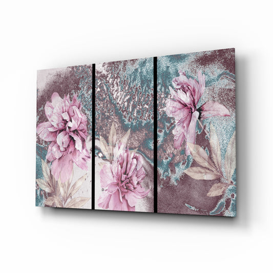Flowers glass wall art displayed above a console in a designer interior