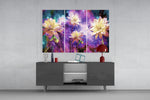 Flowers panel catching gallery light to reveal its painterly stardust