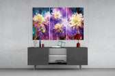 Flowers panel catching gallery light to reveal its painterly stardust