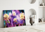 Close-up detail of gold-and-cream chrysanthemums on purple nebula spatter