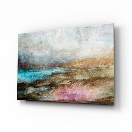 Colors glass wall art displayed above a console in a designer interior
