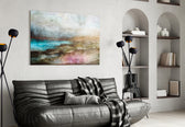Colors glass wall art styled above a bed in a serene bedroom