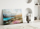 Close-up detail of ochre, teal, and pink impasto strokes
