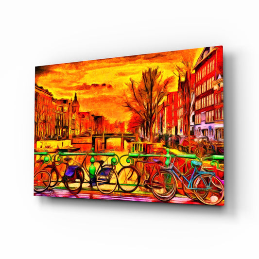Bicycle and City glass wall art displayed above a console in a designer interior