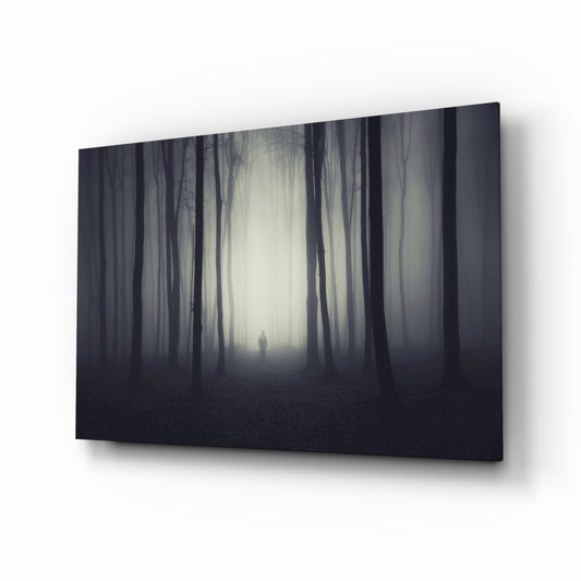 Foggy Forest glass wall art displayed above a console in a designer interior