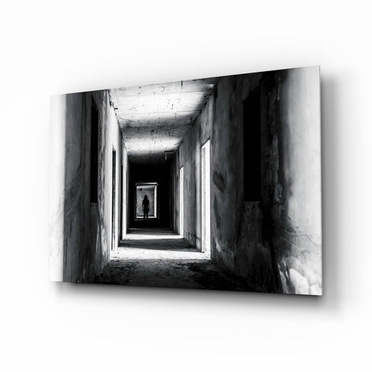 Shadow in the Dark glass wall art displayed above a console in a designer interior
