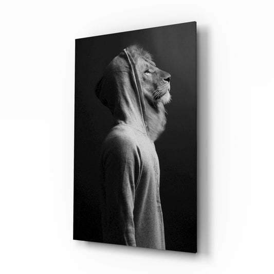 Lion Head glass wall art displayed above a console in a designer interior