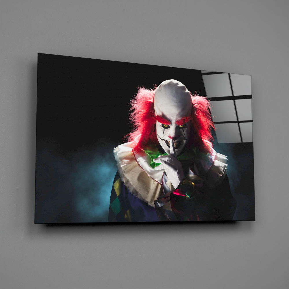 Horror-clown panel bringing carnival-noir edge to a contemporary living space
