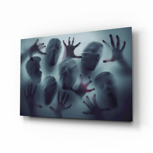Silent Scream glass wall art displayed above a console in a designer interior