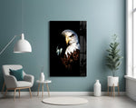Eagle glass wall art styled above a desk in an executive-presence study