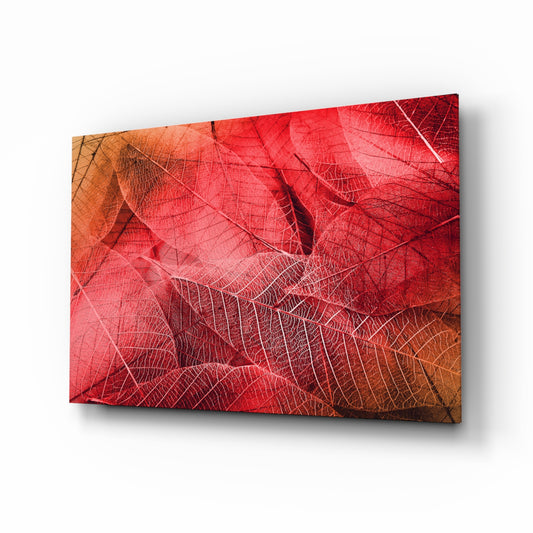 Macro Red Leaf glass wall art displayed above a console in a designer interior