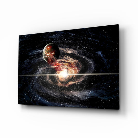 Space glass wall art displayed above a console in a designer interior