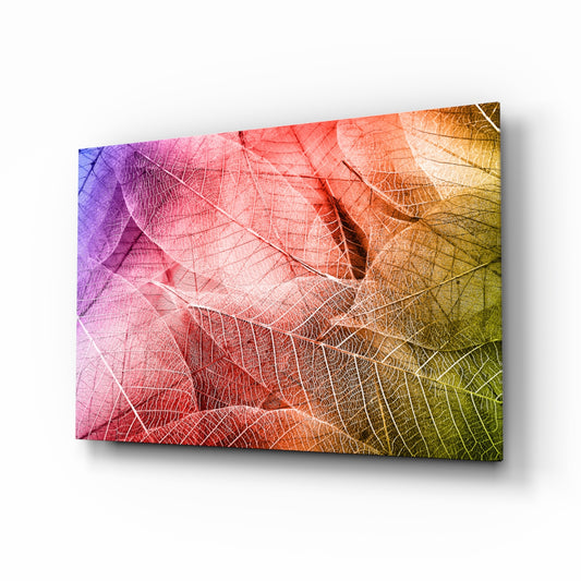 Macro Leaves glass wall art displayed above a console in a designer interior