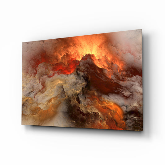 Crimson Apocalypse glass wall art displayed above a console in a designer interior