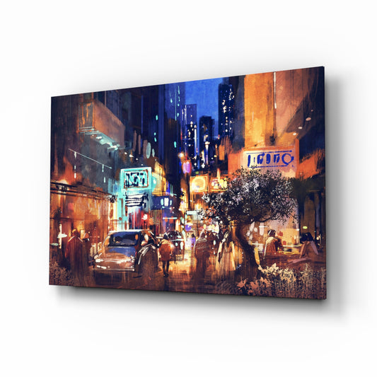 City Night glass wall art displayed above a console in a designer interior