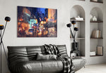 City Night glass wall art styled above a desk in a traveler's-nostalgia study