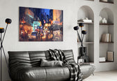 City Night glass wall art styled above a desk in a traveler's-nostalgia study