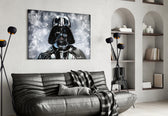 Darth Vader glass wall art styled above a console in a cinema man-cave