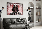 Darth Vader glass wall art styled above a console in a cinema man-cave