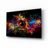 Illustration Eye glass wall art displayed above a console in a designer interior