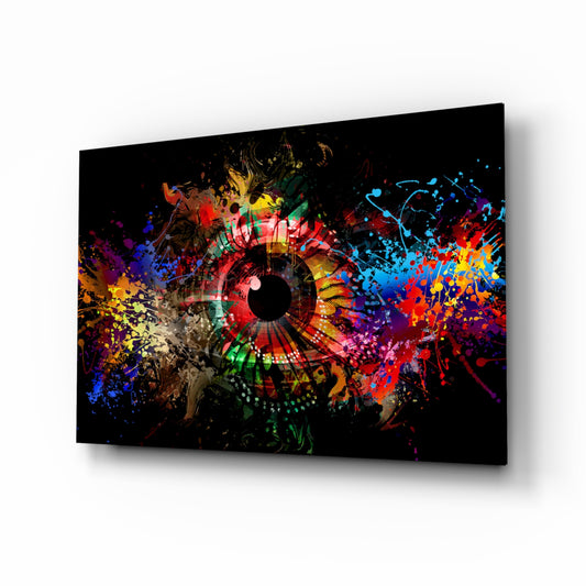Illustration Eye glass wall art displayed above a console in a designer interior