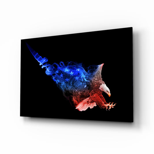 Eagle glass wall art displayed above a console in a designer interior
