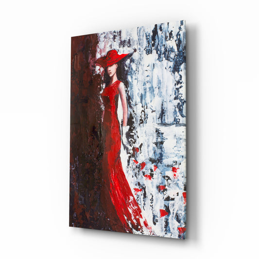 Woman in Red Hat glass wall art displayed above a console in a designer interior