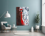 Woman in Red Hat glass wall art styled above a vanity in a dressing area