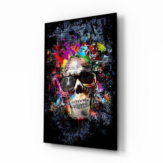 Skull glass wall art displayed above a console in a designer interior