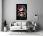 Close-up detail of skull in sunglasses with rainbow splatter halo