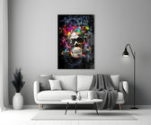 Close-up detail of skull in sunglasses with rainbow splatter halo