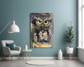 Owl glass wall art styled above a desk in an introspective study